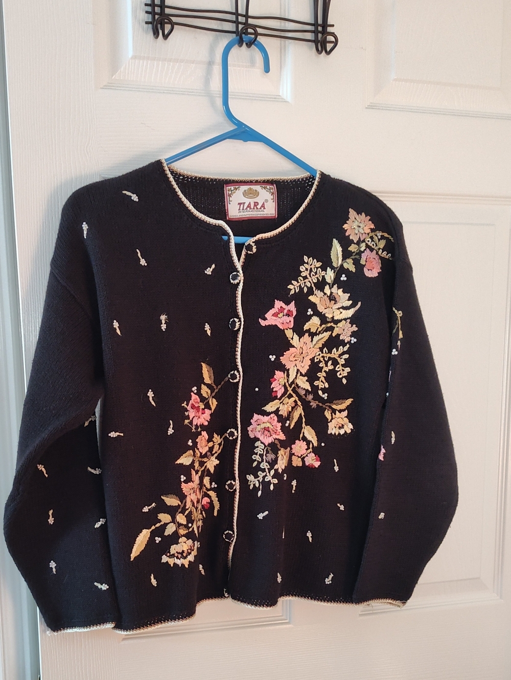 Tiara Black Cardigan with Pink and Cream Floral Embroidery